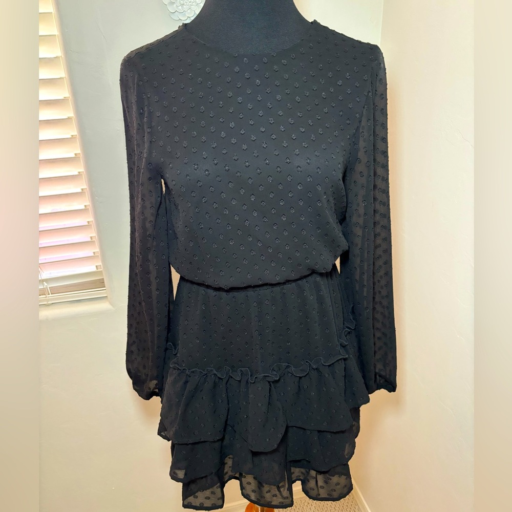 Express Black Chiffon Layered Flared Dress with Patterned Detail Size XS NWT